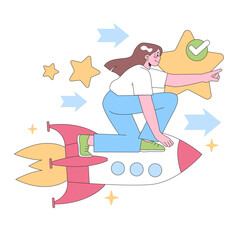 Ambition concept. Energetic woman riding a rocket towards the stars, showcasing determination and goal achievement. Pursuing dreams, rapid growth. Flat vector illustration.