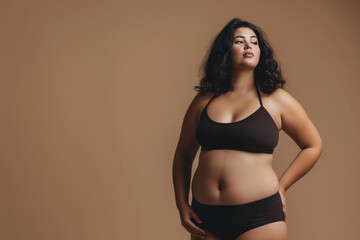 Confident Plus-Size Woman in Elegant Black Swimwear on Neutral Backdrop - obrazy, fototapety, plakaty