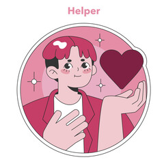 Enneagram Helper type portrayal. A nurturing, generous character presenting a heart, symbolizing care and altruism. Ideal for educational psychology materials. Flat vector illustration