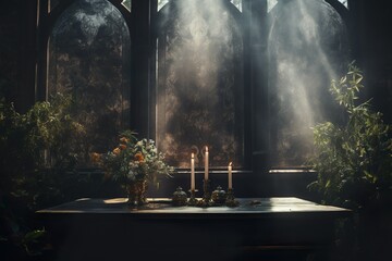 Candles on a cathedral table in a quiet and eerie atmosphere