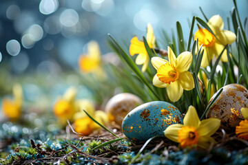 easter background with daffodils and eggs - obrazy, fototapety, plakaty