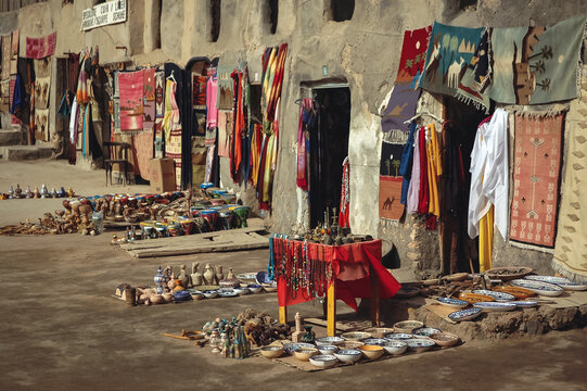 Medenine, Tunisia - October 15, 2006: Souvenir stands in Ghorfas of Medenine. old granaries in historic fortified village called Ksar, Medenine city