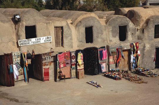 Medenine, Tunisia - October 15, 2006: Souvenir stands in Ghorfas of Medenine. old granaries in historic fortified village called Ksar, Medenine city