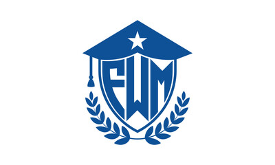FWM three letter iconic academic logo design vector template. monogram, abstract, school, college, university, graduation cap symbol logo, shield, model, institute, educational, coaching canter, tech