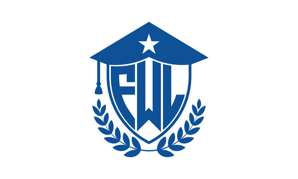 FWL three letter iconic academic logo design vector template. monogram, abstract, school, college, university, graduation cap symbol logo, shield, model, institute, educational, coaching canter, tech