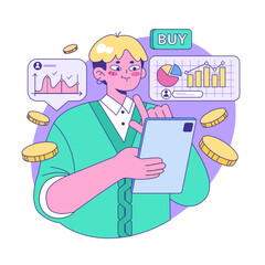 Mutual fund. Investment fund, asset portfolio invested in stocks. Young character investing money with the prospect of profit. Modern investment vehicle. Flat vector illustration