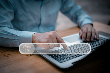 Using Search Console with your website.Data Search Technology Search Engine Optimization. man's hands are using a computer notebook to Searching for information.