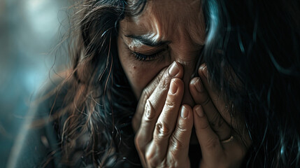 Close up Sad depressed desperate grieving crying woman close to the window