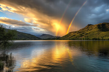 rainbow at a sunset over the lake
