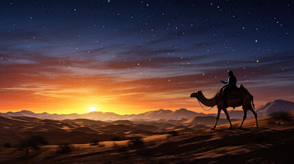 Silhouette of two wise men riding a camel along the stars in the desert - obrazy, fototapety, plakaty