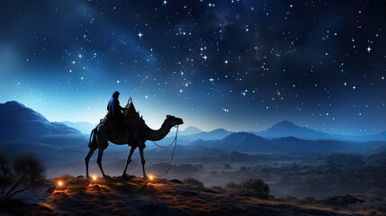 Silhouette of two wise men riding a camel along the stars in the desert