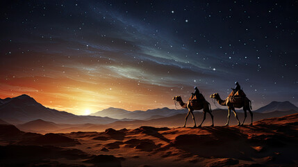 Naklejka premium Silhouette of two wise men riding a camel along the stars in the desert