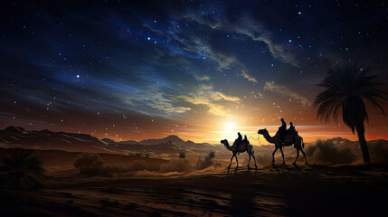 Silhouette of two wise men riding a camel along the stars in the desert - obrazy, fototapety, plakaty