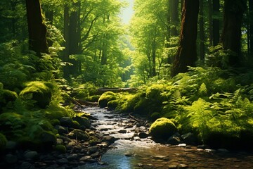 Enchanting forest landscape filled with lush greenery.