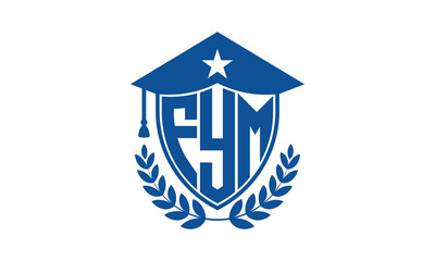 FYM three letter iconic academic logo design vector template. monogram, abstract, school, college, university, graduation cap symbol logo, shield, model, institute, educational, coaching canter, tech