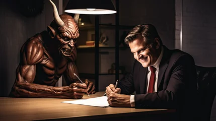 Fotobehang very thrilled man signing a contract and the devil is sitting with him in his office. A deal with the devil  ©  Mohammad Xte