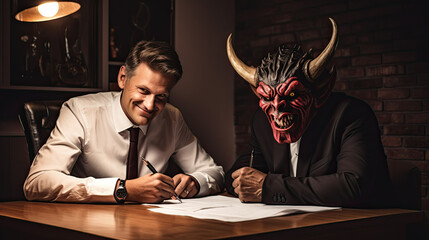 very thrilled man signing a contract and the devil is sitting with him in his office. A deal with the devil	