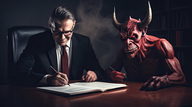 very thrilled man signing a contract and the devil is sitting with him in his office. A deal with the devil	