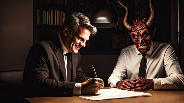 very thrilled man signing a contract and the devil is sitting with him in his office. A deal with the devil	
