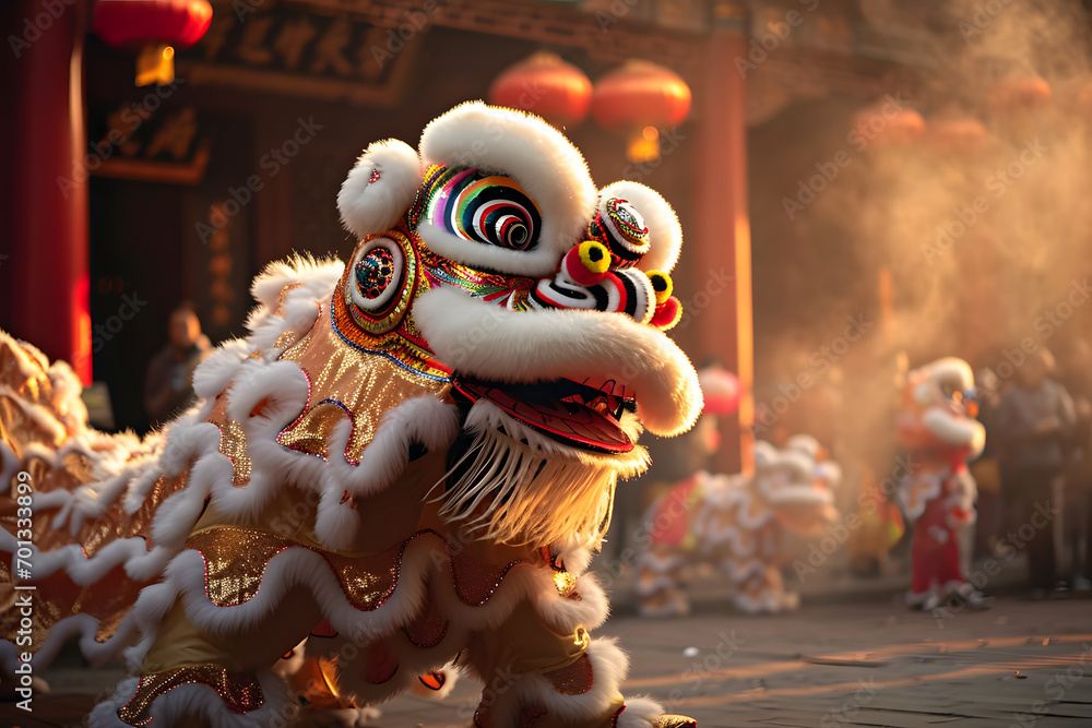 Wall mural Chinese traditional lion dance costume performing at a temple in China, Lunar new year celebration, Chinese New Year