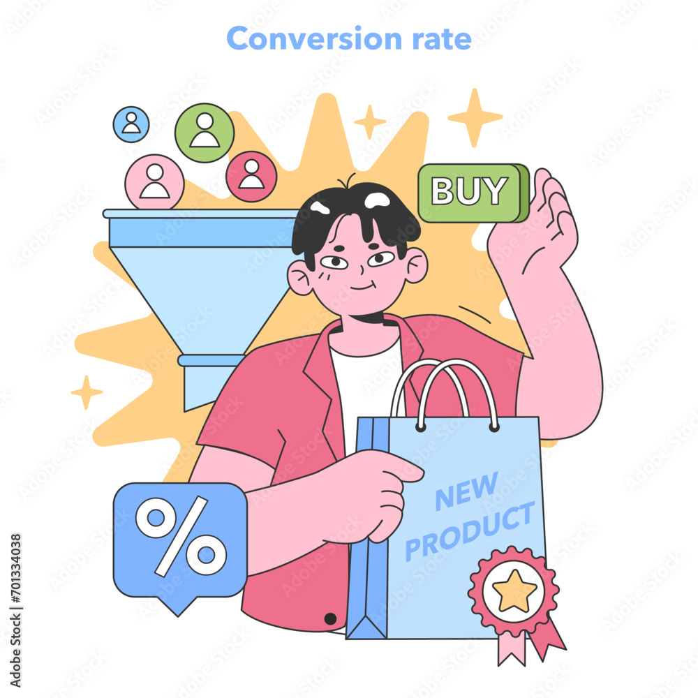 Aufkleber smiling shopper with a 'buy' button and a new product bag, representing a positive conversion rate. 
