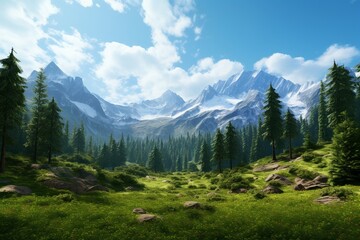 Forest landscape featuring mountains and sky.