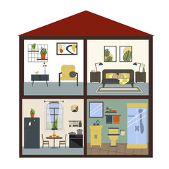 Interior of a dollhouse made of four sections. Sectional concept of home interior. Furnished rooms. Living room and bedroom, bathroom and kitchen. For covers and brochures, games for children, flyers