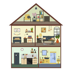Sectional view of a doll house. Five sections with an attic. Vector flat illustration. Dollhouse interior concept. Living room and bedroom, bathroom and kitchen. For covers and brochures, games for