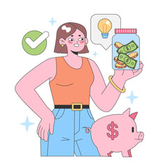 Financial Empowerment concept. Confident woman showcasing saved money in a jar, with a piggy bank and lightbulb idea, indicating smart savings and investment. Flat vector illustration