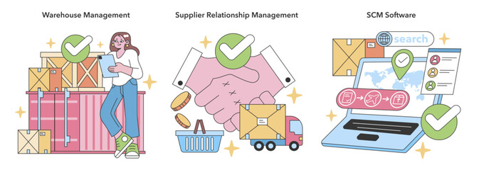 Integrated supply chain network set. Dynamic warehouse management, fostering robust supplier partnerships, advanced SCM software for real-time logistics. Systematic coordination for business agility.