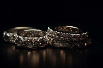 Several eternity diamond rings on dark backdrop. Generative AI