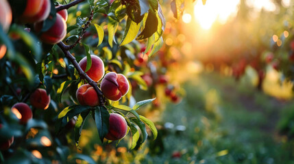 Ripe peaches hanging from branches in a sunlit orchard, with a warm golden glow of the sunset in the background.
