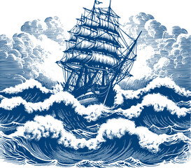 vintage large sailing ship sailing on big waves in a stormy sea vector stencil drawing engraving - obrazy, fototapety, plakaty
