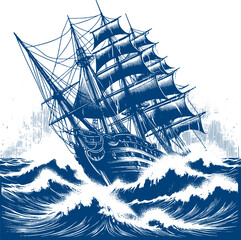 a large ancient sailing ship sails in a stormy sea vector engraving drawing - obrazy, fototapety, plakaty