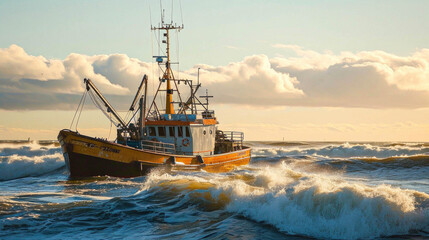 A fishing boat braving the rough north sea waves under a dramatic sky at sunrise