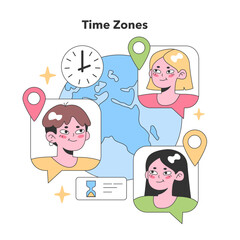 Global teammates interact across time zones, highlighted by map pins and clocks, showcasing worldwide virtual collaboration. Flat vector illustration