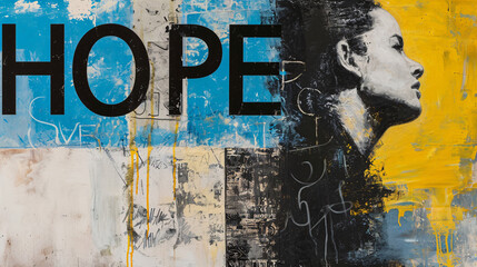 HOPE word painted on grunge wall background. Street art concept