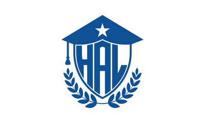 HAL three letter iconic academic logo design vector template. monogram, abstract, school, college, university, graduation cap symbol logo, shield, model, institute, educational, coaching canter, tech