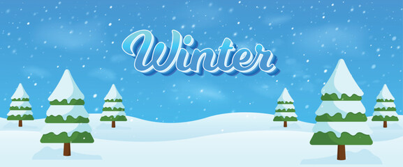 Winter Forest Landscape. Flat landscape. Snowy background. Cartoon wallpaper. Cold weather. Winter season. Winter Banner With Trees. Winter Forest.