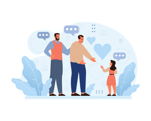Modern Family Concept. A gay couple lovingly interacts with their daughter amidst city and heart motifs. Embracing diverse family structures. Flat vector illustration.