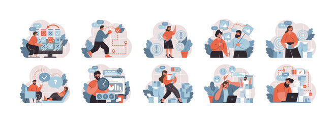 Corporate tasks and teamwork set. A compilation of vectors showcasing professionals in goal-setting, strategic planning, and interactive problem-solving sessions. Flat vector illustration pack.