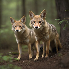 Fototapeta premium Coyotes in Twilight Navigating the Wild Tapestry of Adaptation and Conservation ai generated