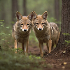 Naklejka premium Coyotes in Twilight Navigating the Wild Tapestry of Adaptation and Conservation ai generated
