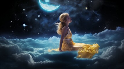 Digital drawing of a blond young woman in the night with long hair and a yellow dress, pretty girl sitting in the clouds under the stars with her eyes shut, relax in the sky, alone