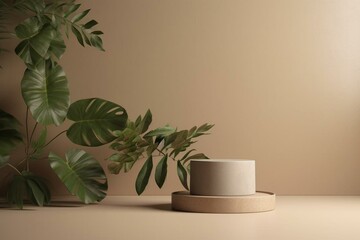 Empty podium on beige background with green leaves. Natural product display. Eco-friendly showcase for new products and promotion. Generative AI