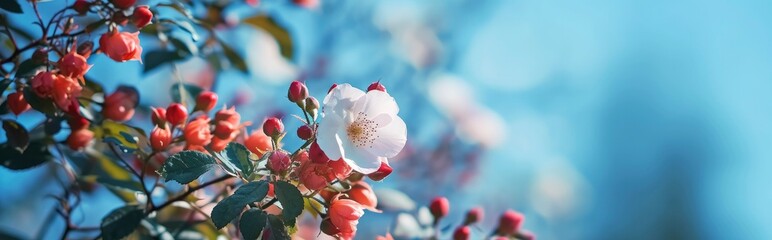 Beautiful spring border, blooming rose bush on a blue background. Flowering rose hips against the blue sky. Soft selective focus - obrazy, fototapety, plakaty