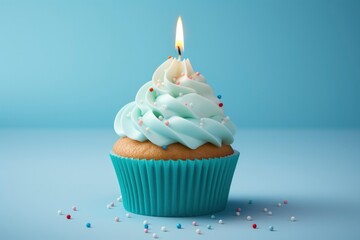 Birthday candle on a cupcake, in the style of light sky-blue and dark white.