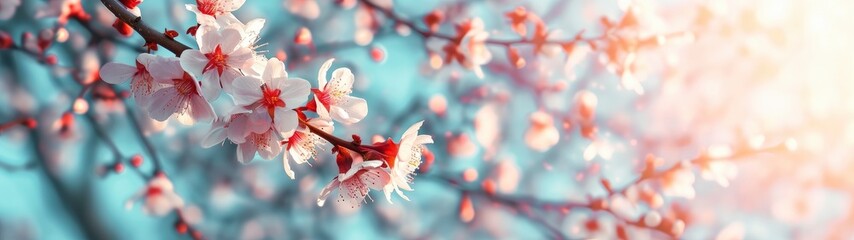 Blossoming apricot tree branches with copy space web banner. spring time concept. - obrazy, fototapety, plakaty