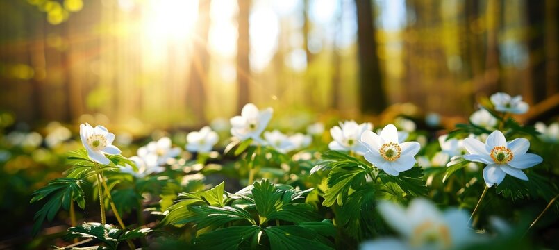 Fototapeta Beautiful white flowers of anemones in spring in a forest close-up in sunlight in nature. Spring forest landscape with flowering primroses.