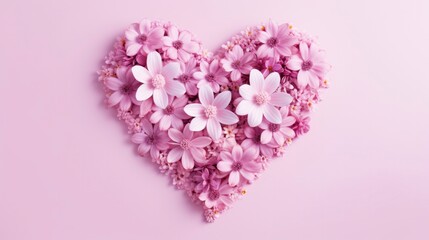 Heart shape made of pink flowers against pastel pink background